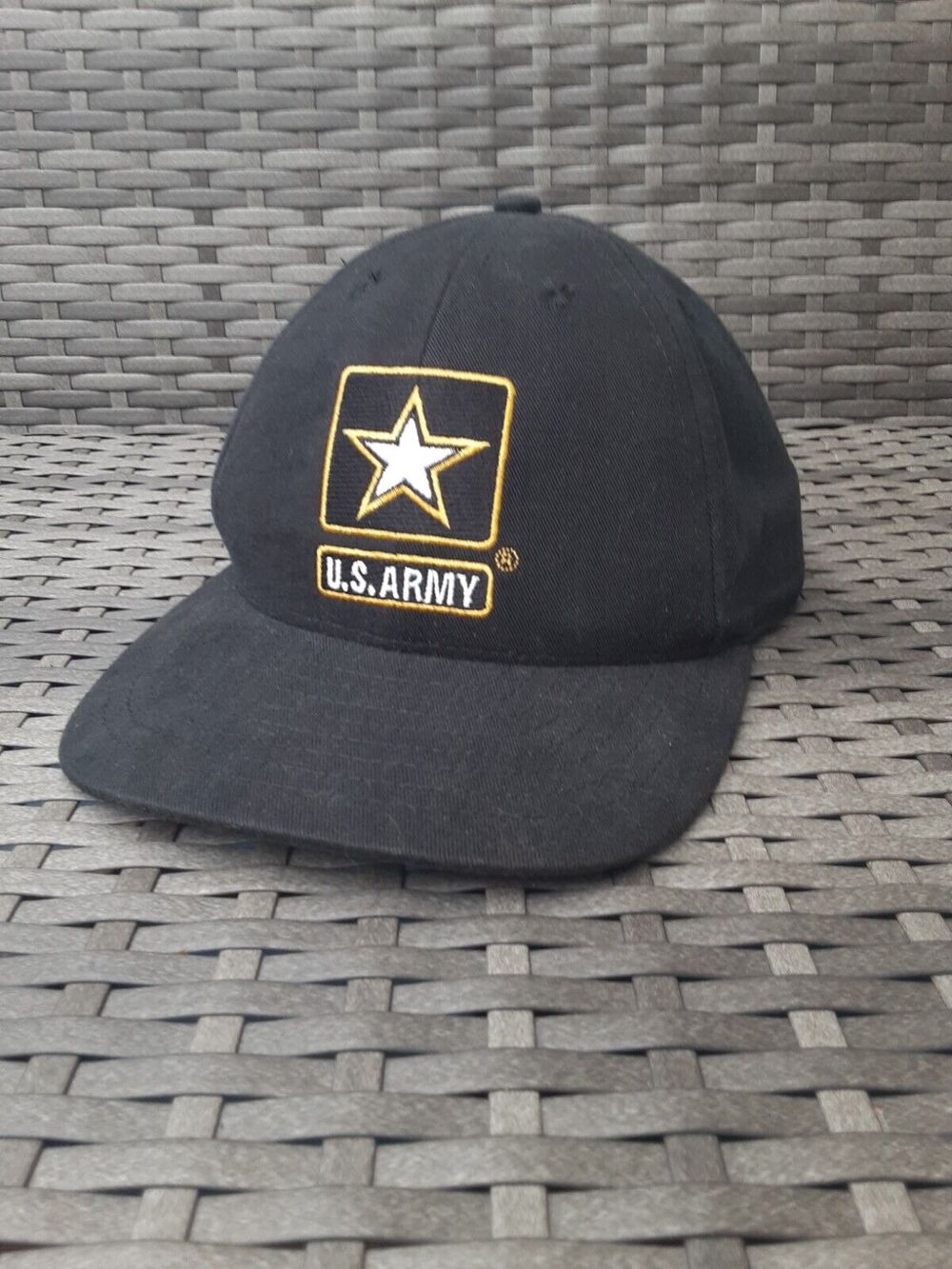 US Army Black Hat Cap Embroidered Star Gold Trimmed Logo Adjustable Hat Cap